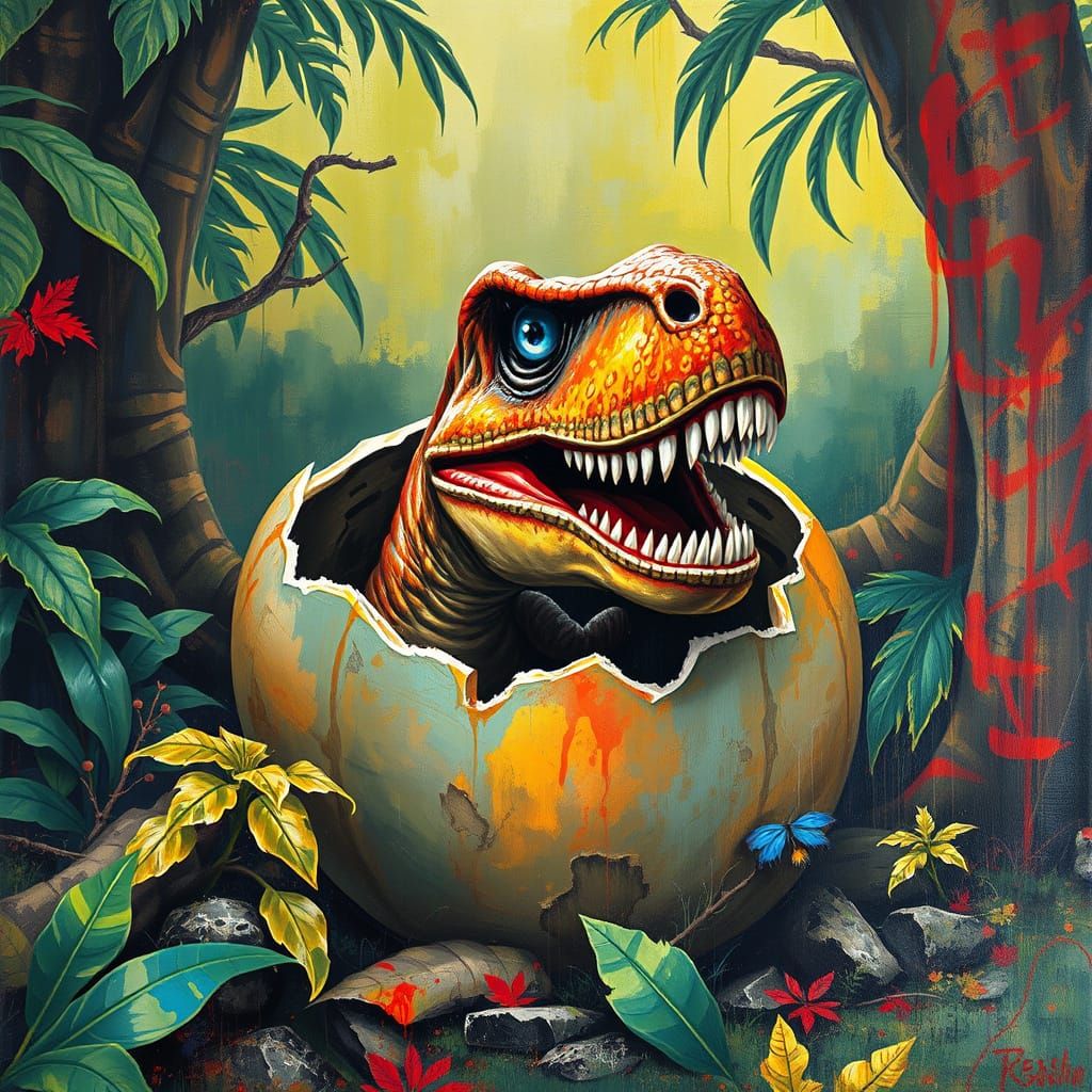 Tyrannosaurus Rex Hatching in Graffiti Art Style