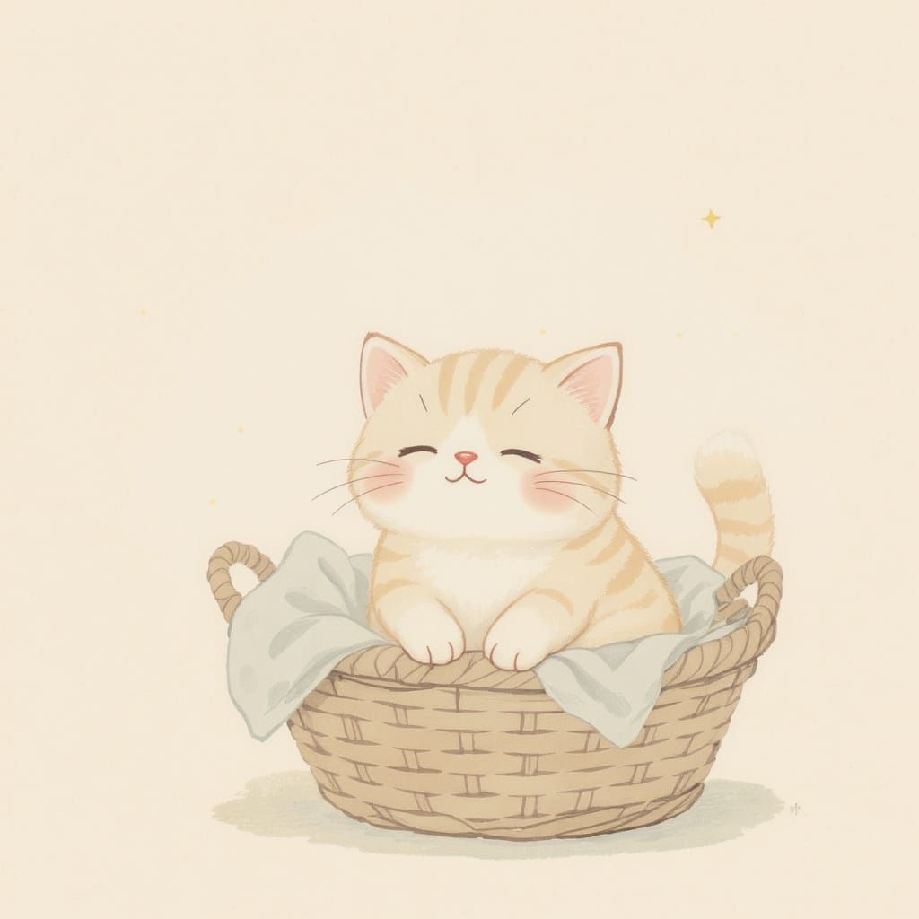 Cute Cat in Basket: Children's Book Illustration Style
