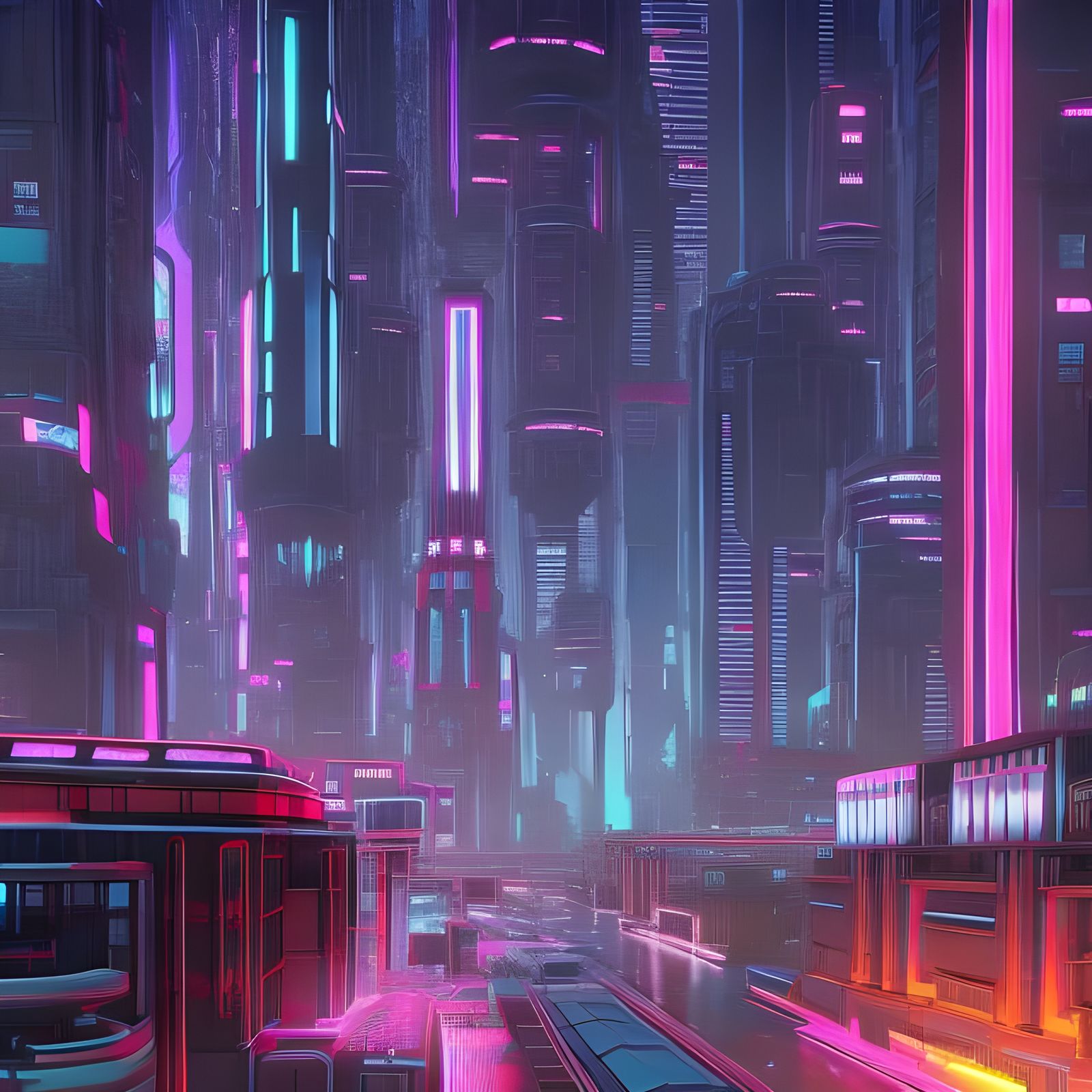 Cyberpunk Cityscape with Neon Lights in Synthwave Style