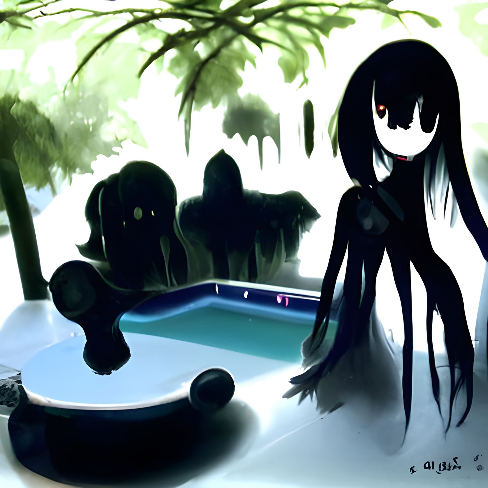 Cute Twin Ghosts Above Nighttime Pool in Anime Style