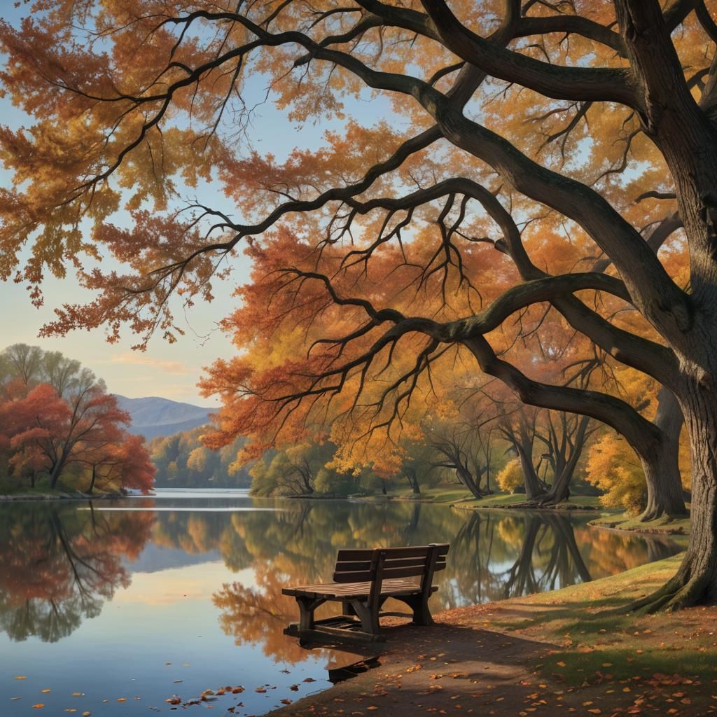 Autumnal Lake Scene with Bench in Detailed Matte Painting