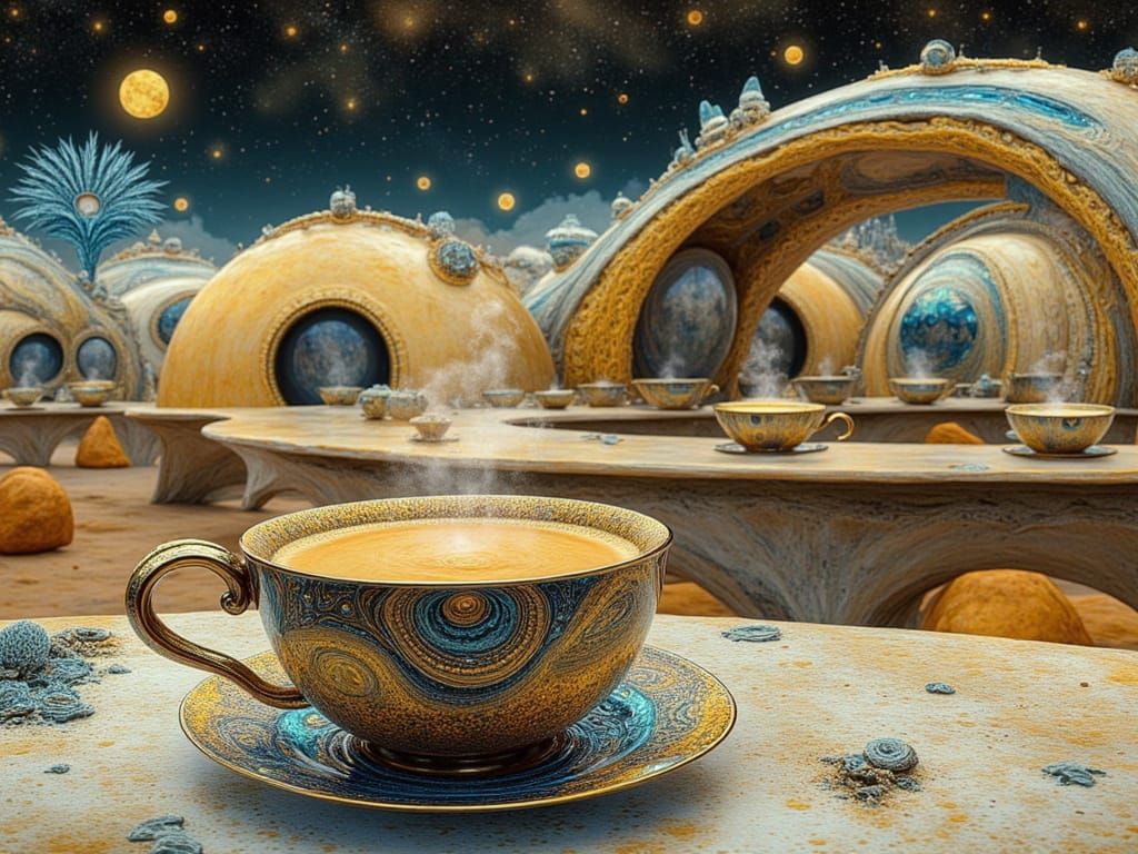 Surreal Coffee Shop in Cosmic Futurism Style