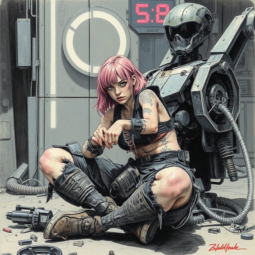 Cyberpunk Mechanic Tinkers with Mecha in Junkyard