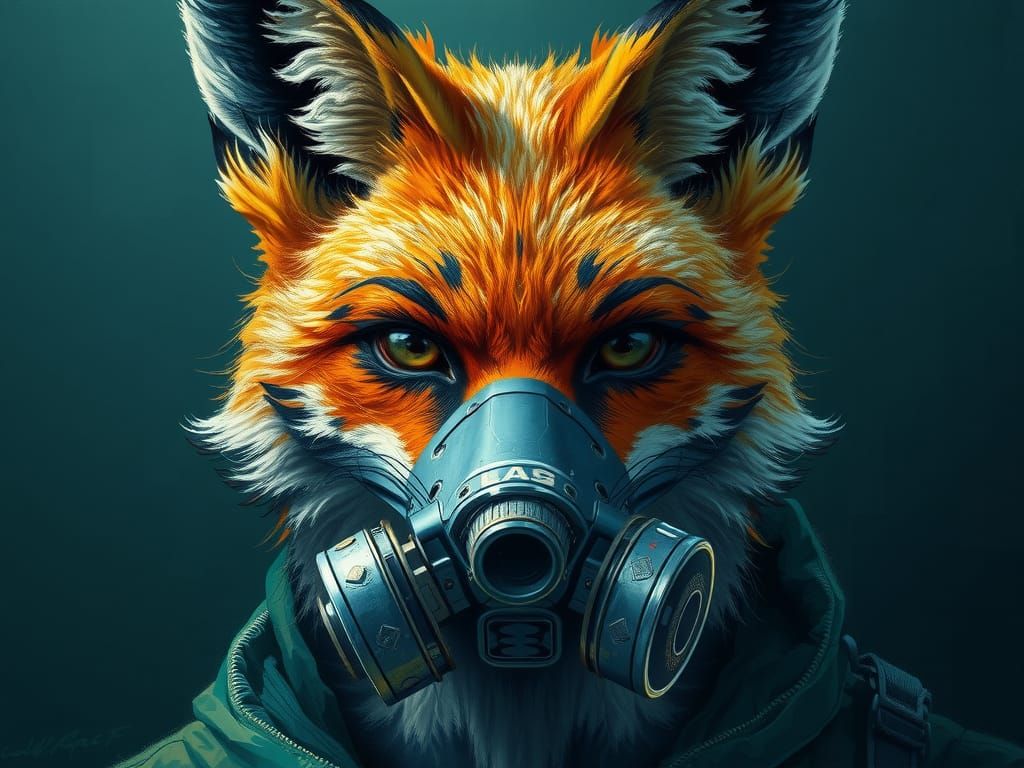 Cyberpunk Fox Portrait with Gas Mask as Impasto Painting
