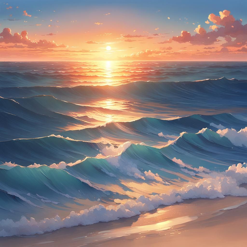 Serene Evening Ocean Scene in Vibrant Cyberpunk Style