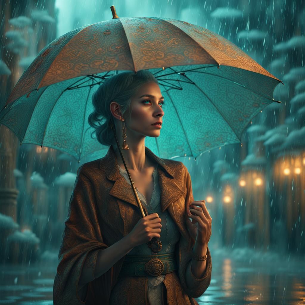 Turquoise Dream: Lady with Umbrella in Digital Painting