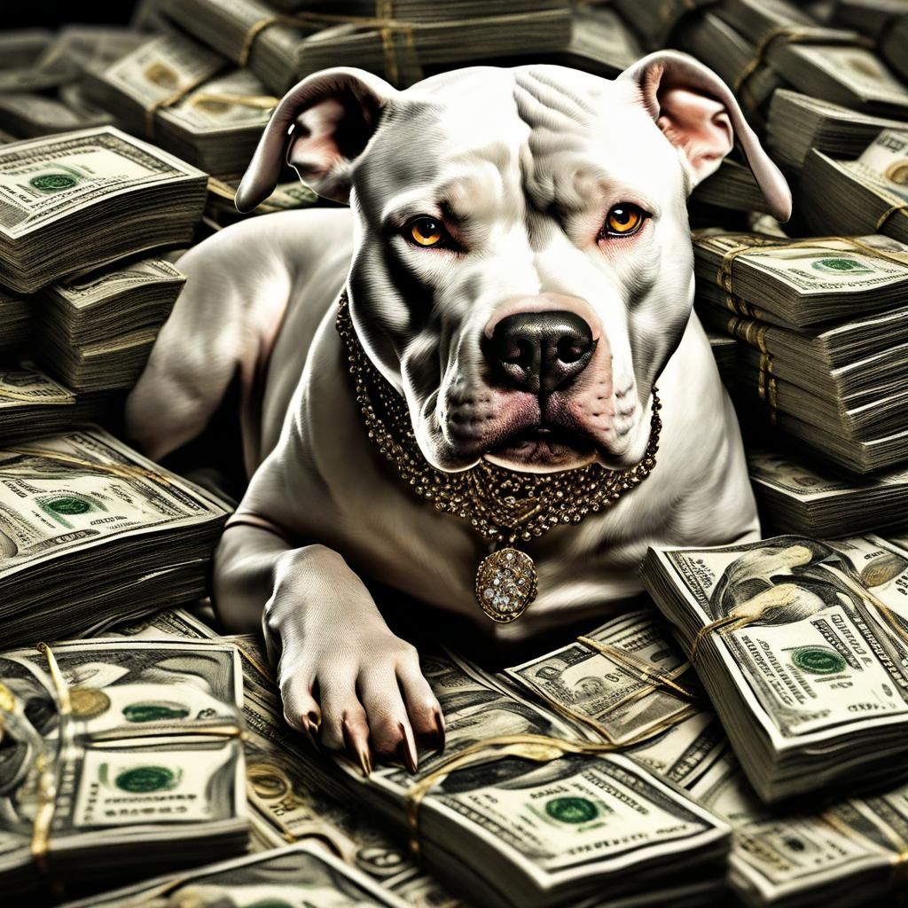 Pitbull Sitting on Pile of Gold and Diamonds