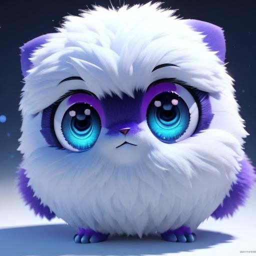 Cute Fluffy Creature with Purple Eyes in 3D Anime Style
