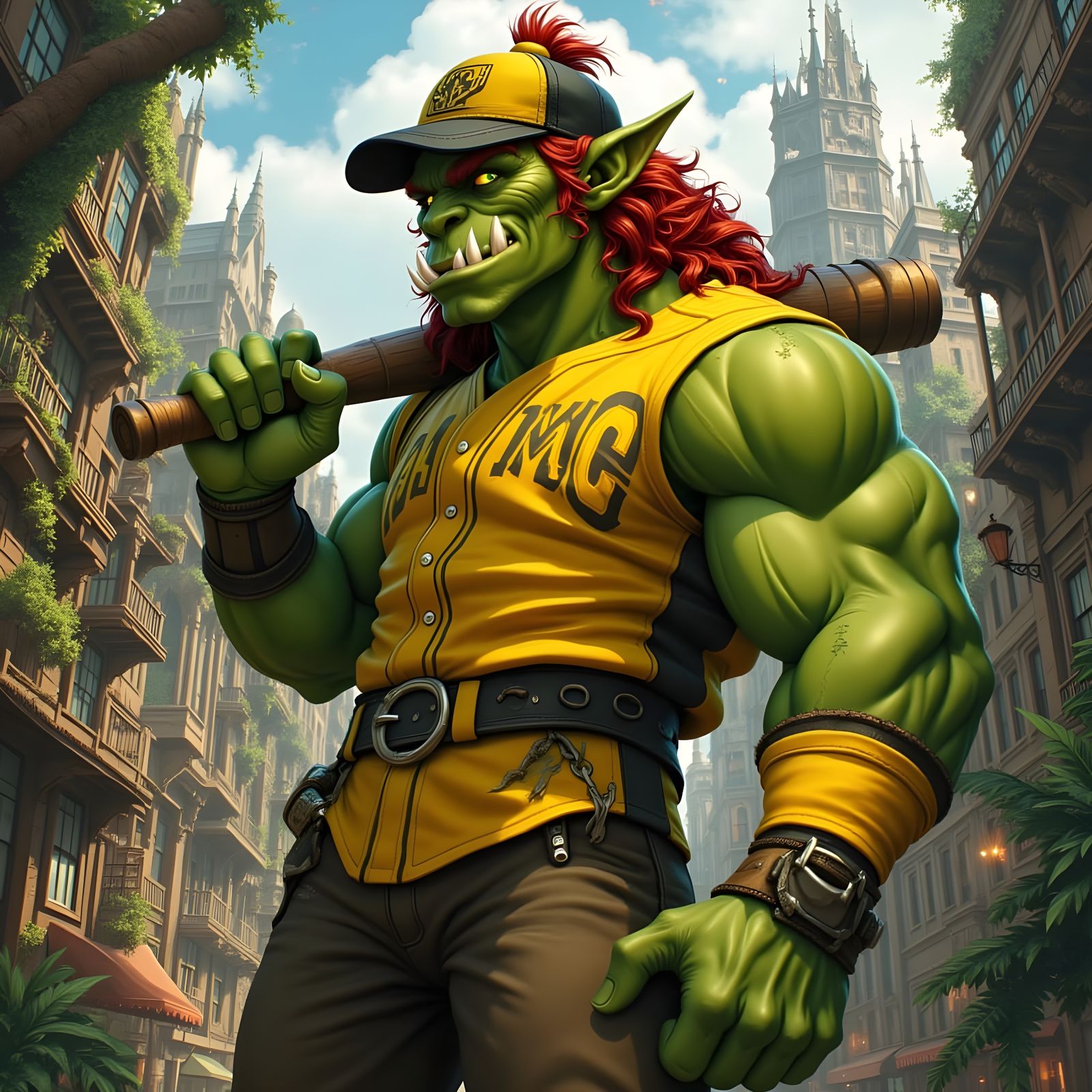 Steampunk Orc Baseball Player in Jungle Metropolis