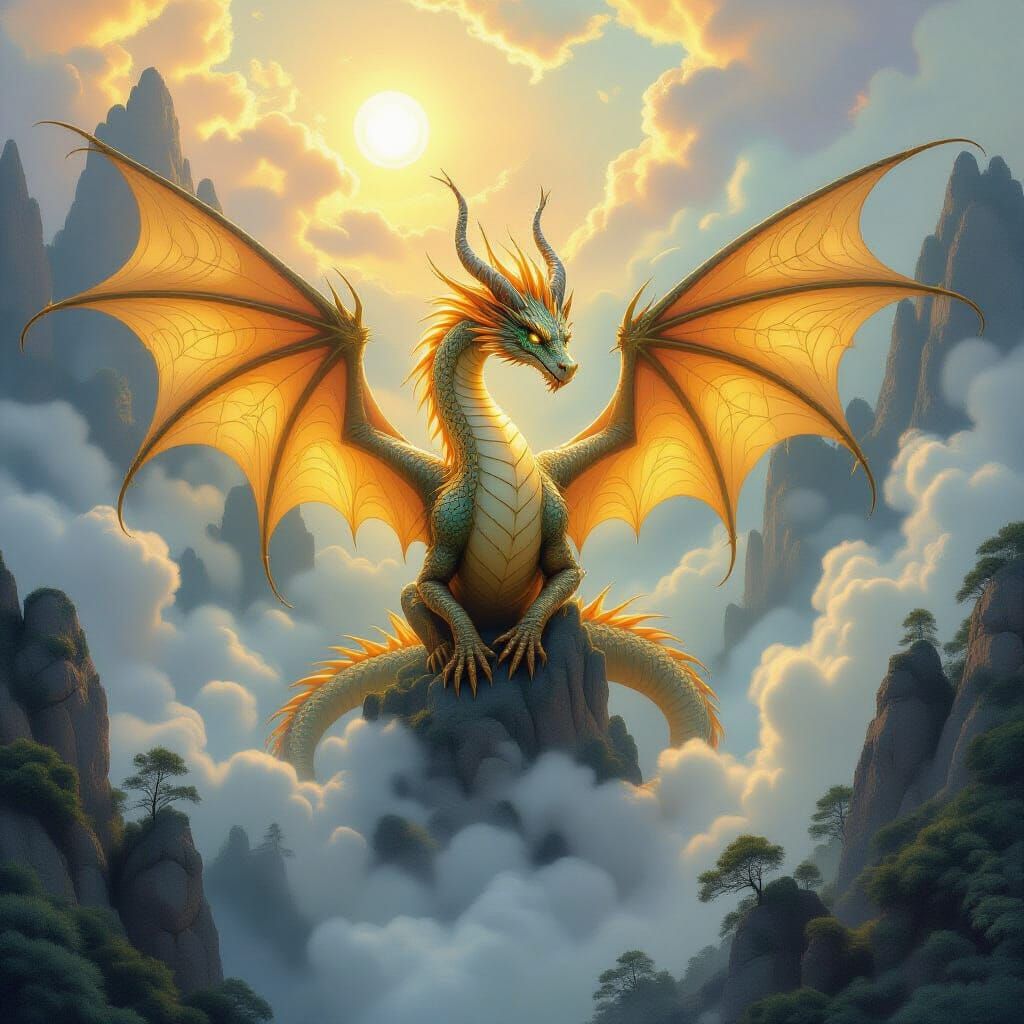 Golden Dragon Ethereal Essence in Fantasy Landscape
