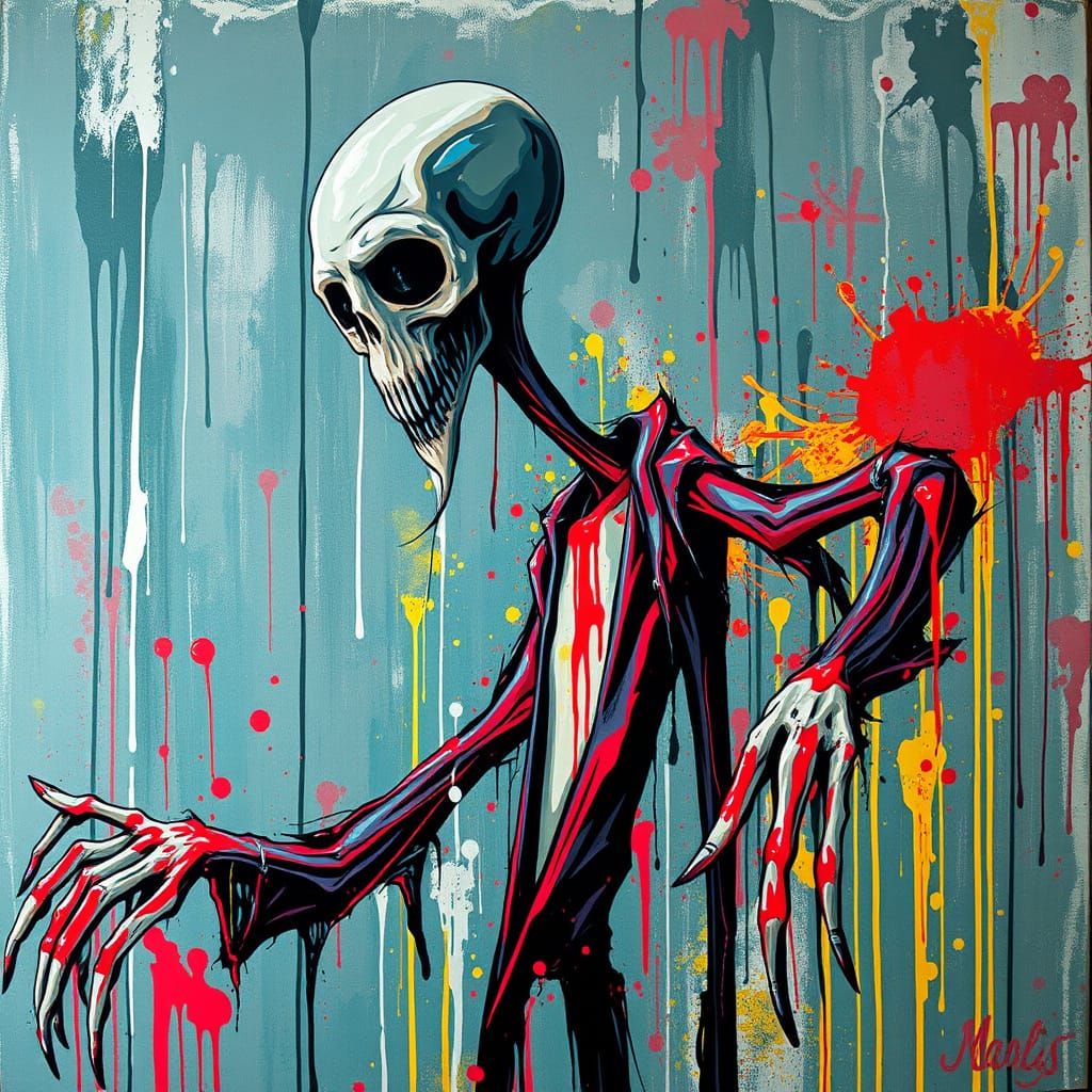 Terrifying Slender Man with Long Neck and Arms in Graffiti S...