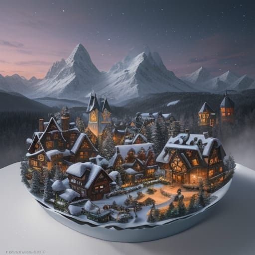 Miniature Alpine Village in Snow Globe, Storybook Style