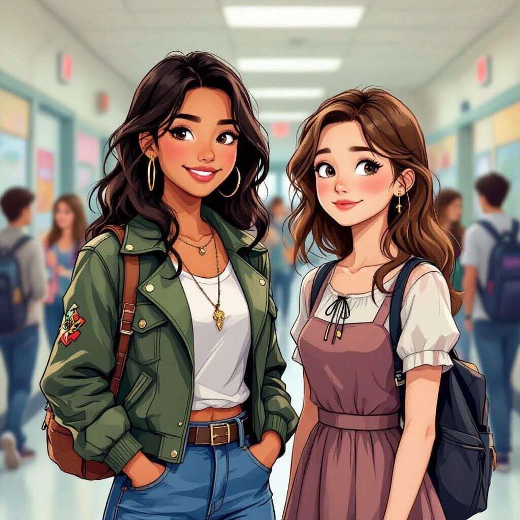 Teenage Girls in High School Hallway, Manga Art Style