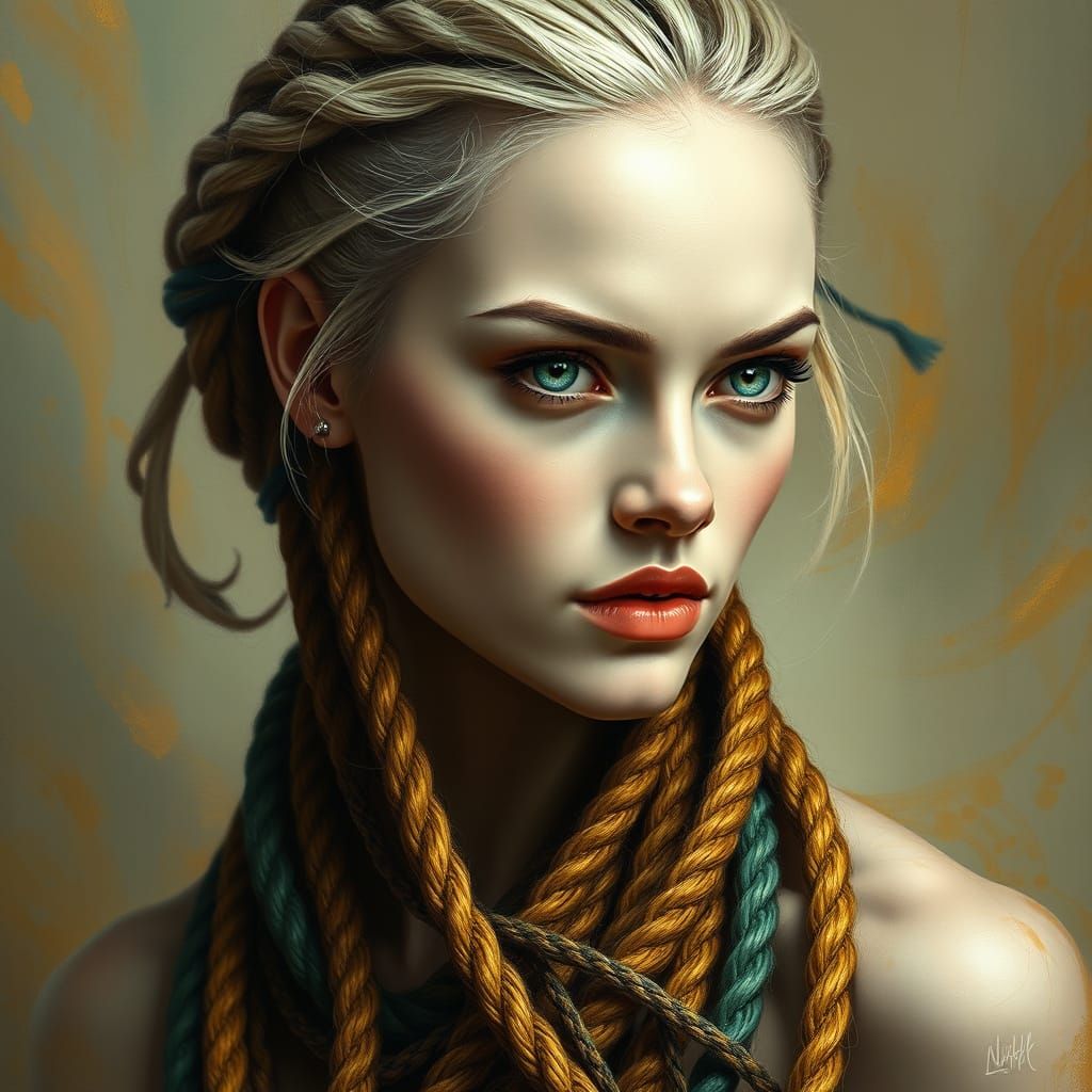 Woman in Ropes: Hyperrealistic Portrait with Painterly Detai...