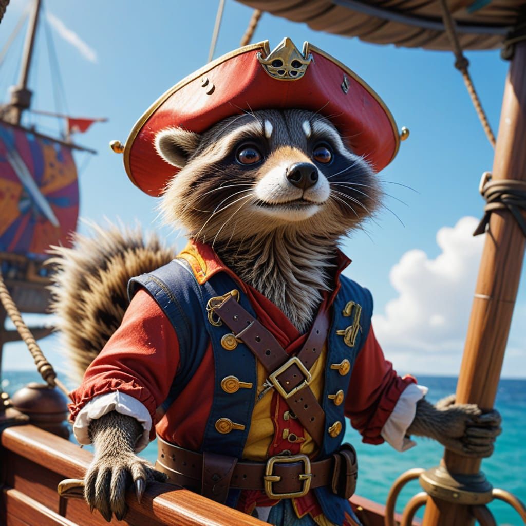 Raccoon Pirate Captain on Miniature Ship, Children's Illustr...