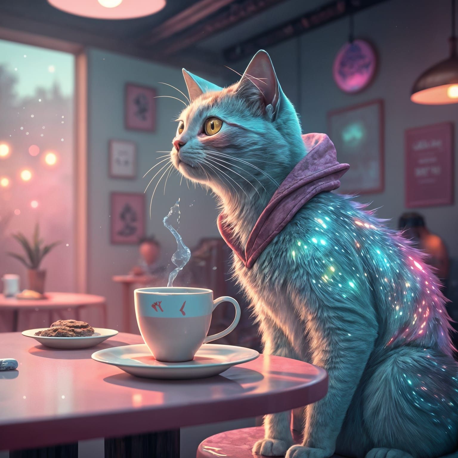 Whimsical Cat Sips Coffee in Vibrant 3D Anime Style