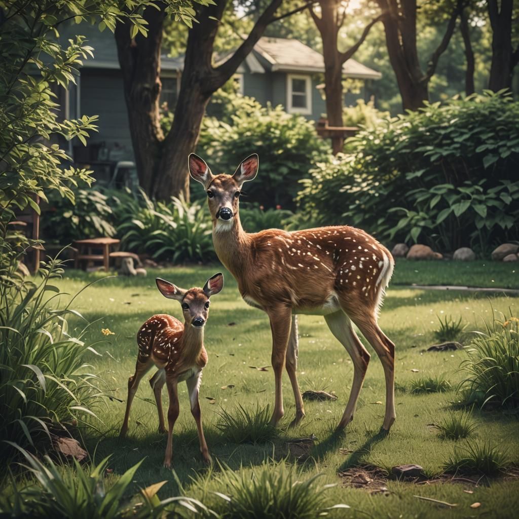 Doe and Fawn Grazing: Cinematic Film Still