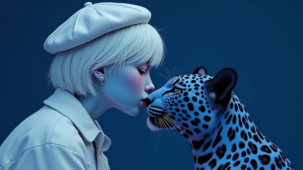 Intimate Kiss: Woman and Leopard in Digital Art Style