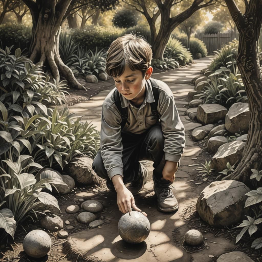 Hyperdetailed Charcoal Drawing: Boy in Lush Garden