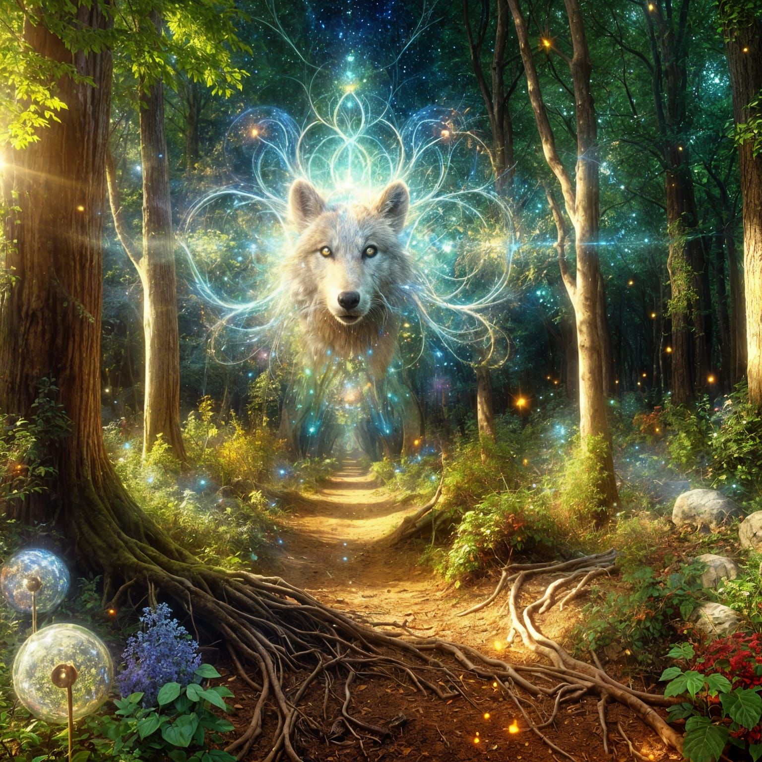 Surreal Forest Guardian in Ethereal Landscape