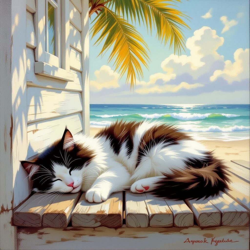 Fluffy Cat Sleeps on Beach Cottage Porch in Sunlight