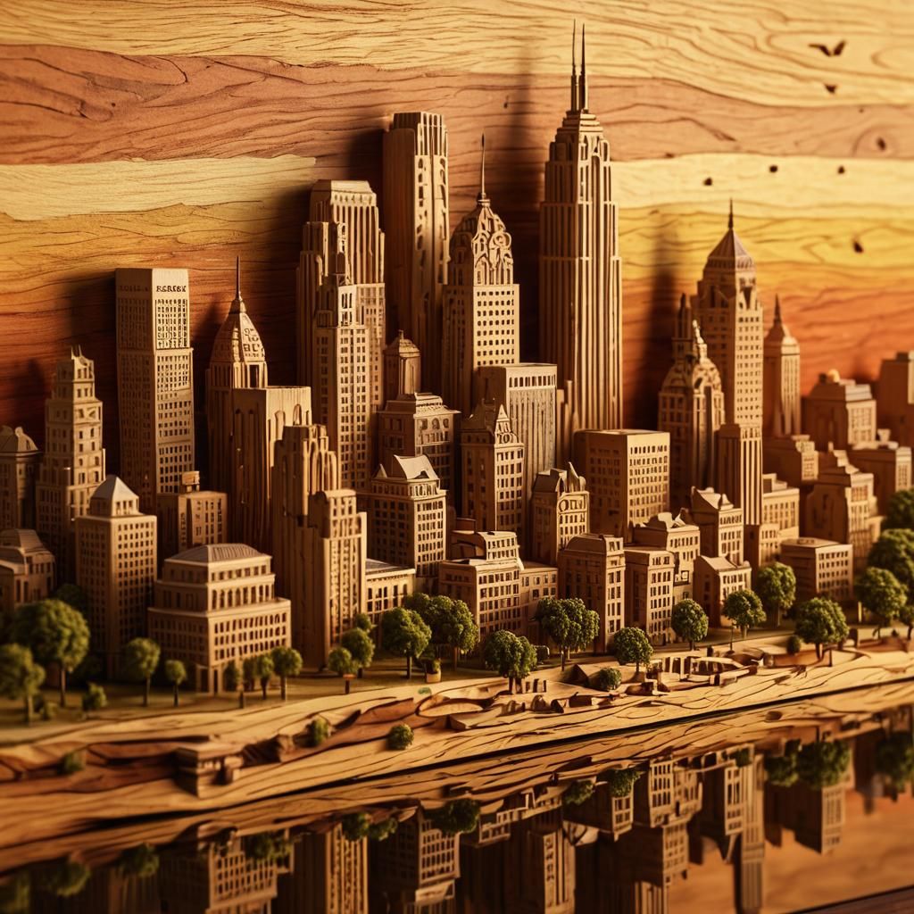 Cherry Wood Cityscape: Realistic Woodcarving Art
