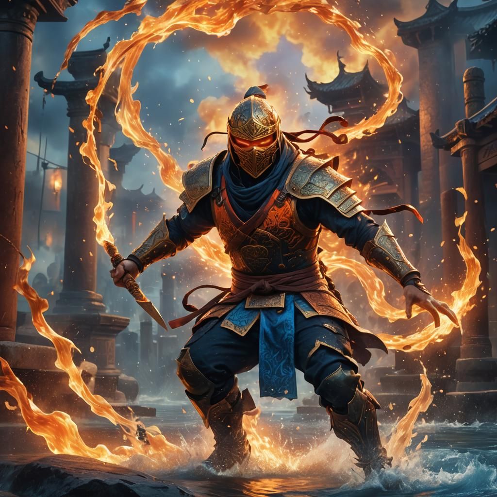 Ninja Warrior Battles Fire in Fantasy Concept Art