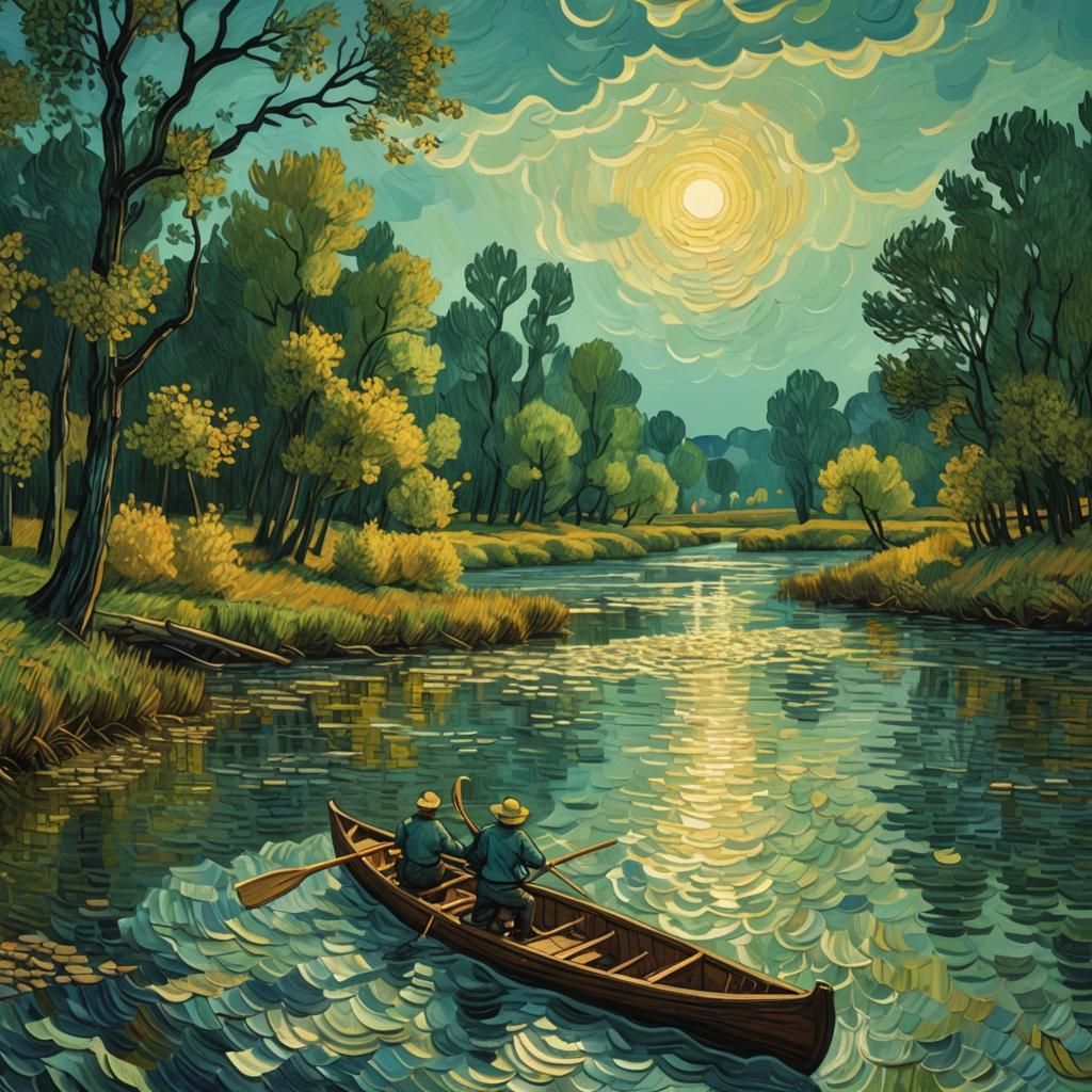 Canoeing River Scene in Post-Impressionist Style