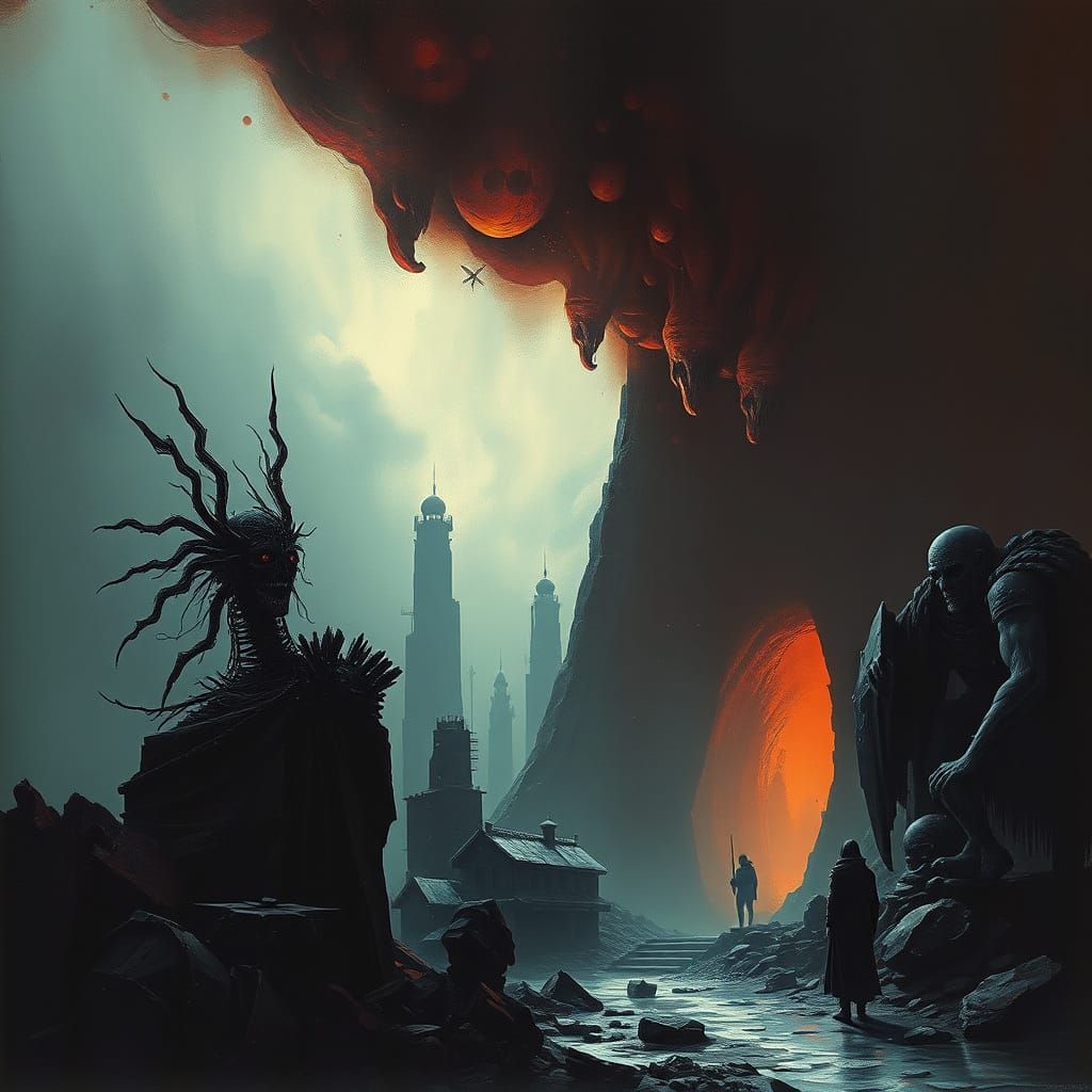 Dark Surrealism in a Ruined Futuristic Cityscape