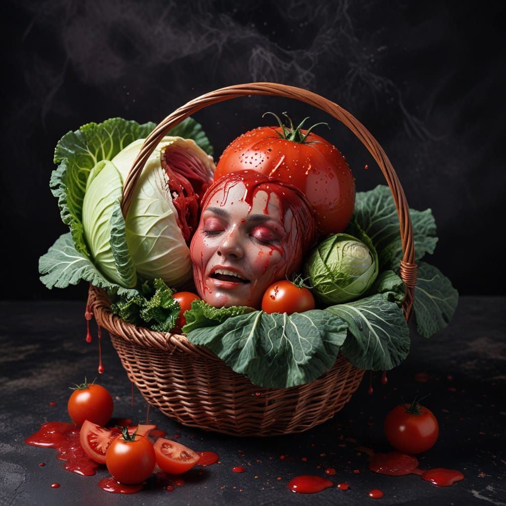 Grimdark Scene of Severed Heads in Basket