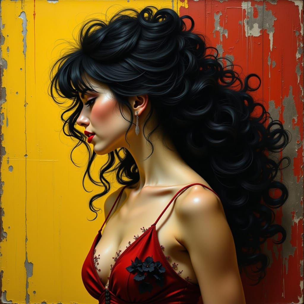 female profile smiling long black curly hair style, red lip ...