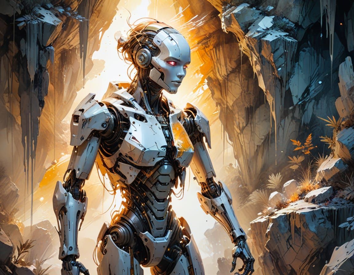 Robot Explorer in Crystal Caves: Watercolour Art