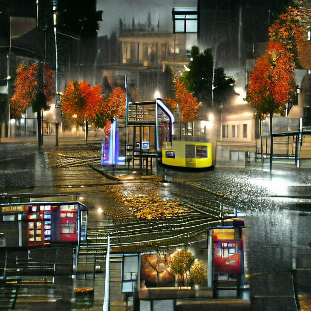 Cyberpunk Rainy Night at Autumn City Tram Stop