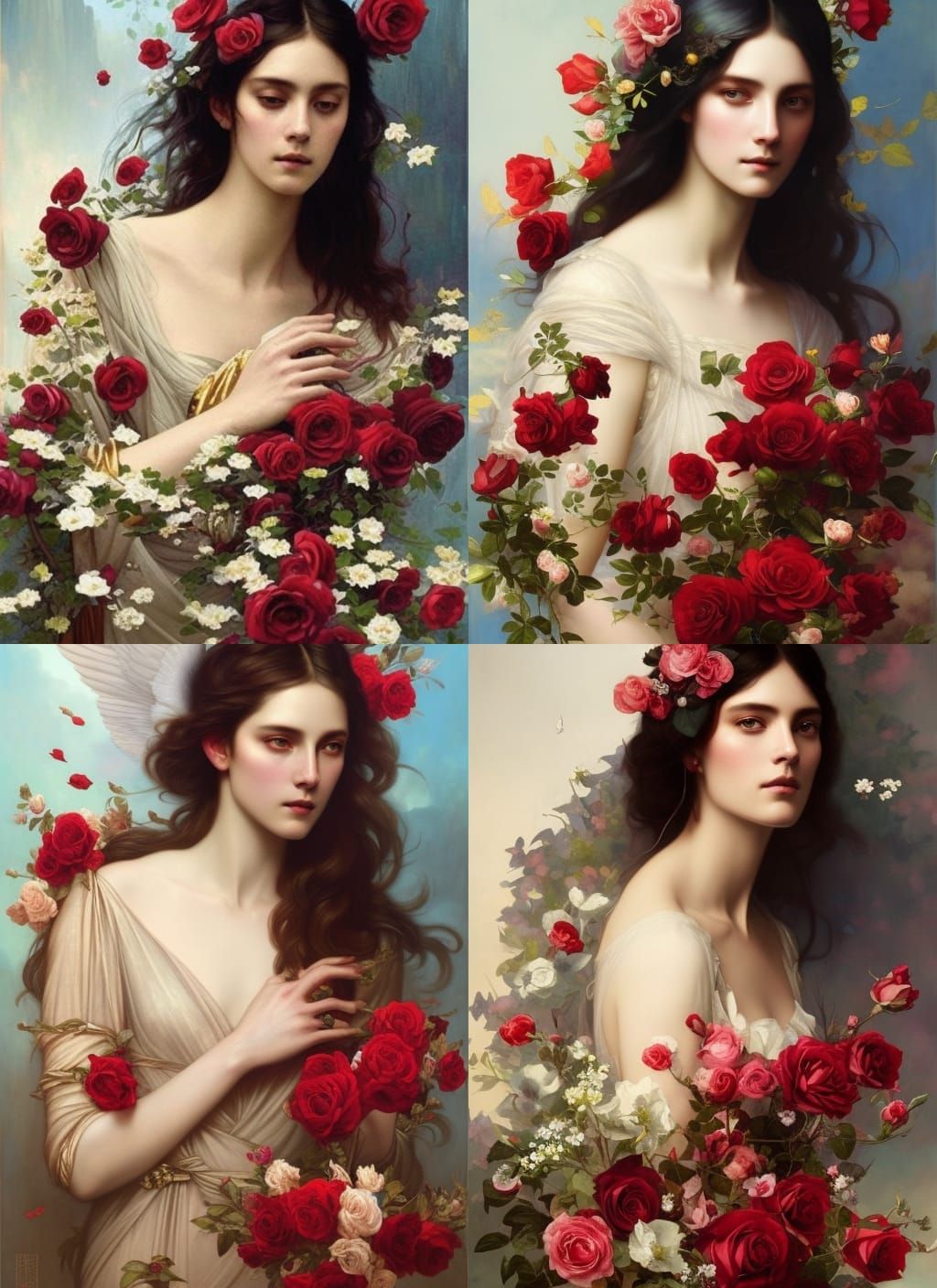 Majestic Portrait with Red Roses in Art Nouveau Style