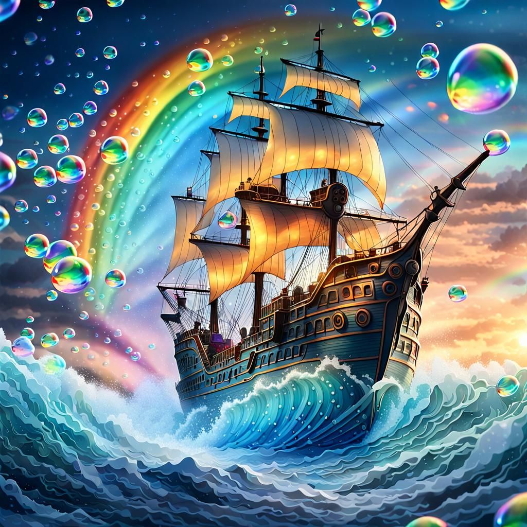 Rainbow Bubble Pirate Ship on Magical Ocean