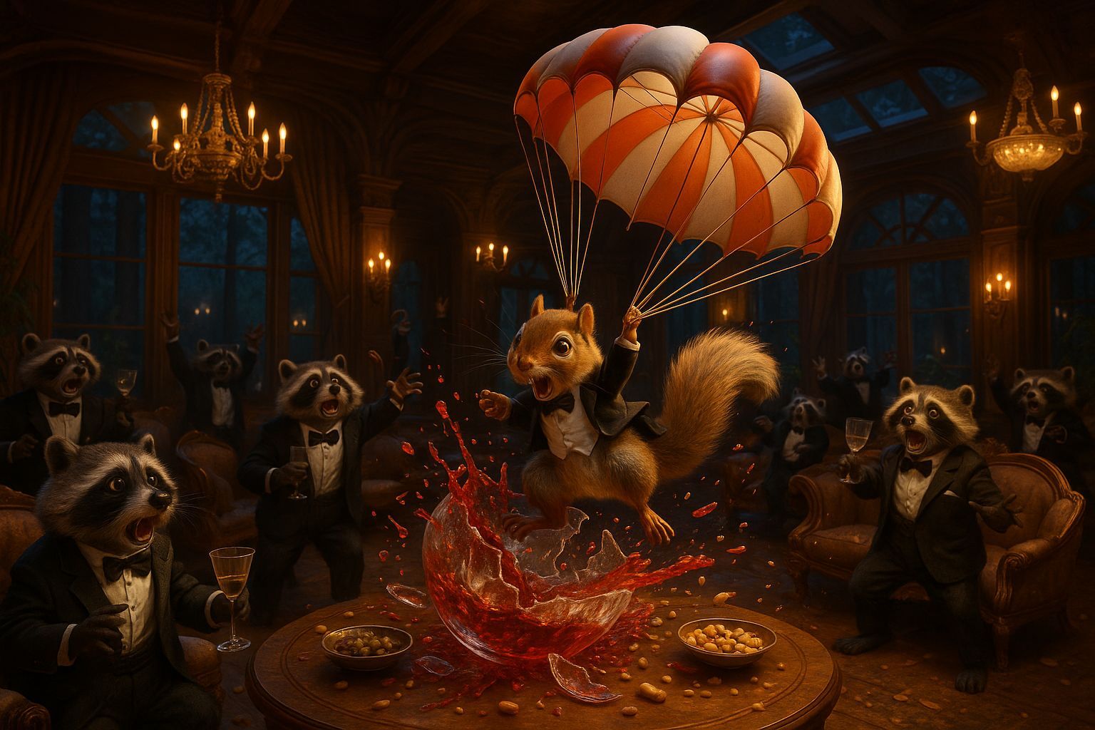 Squirrel Crashes Raccoon Cocktail Party in Treehouse