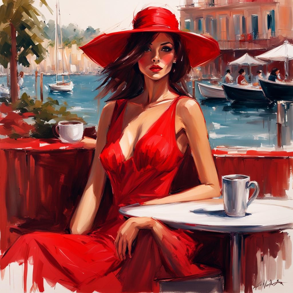 Woman in Red Dress at Seaside Cafe