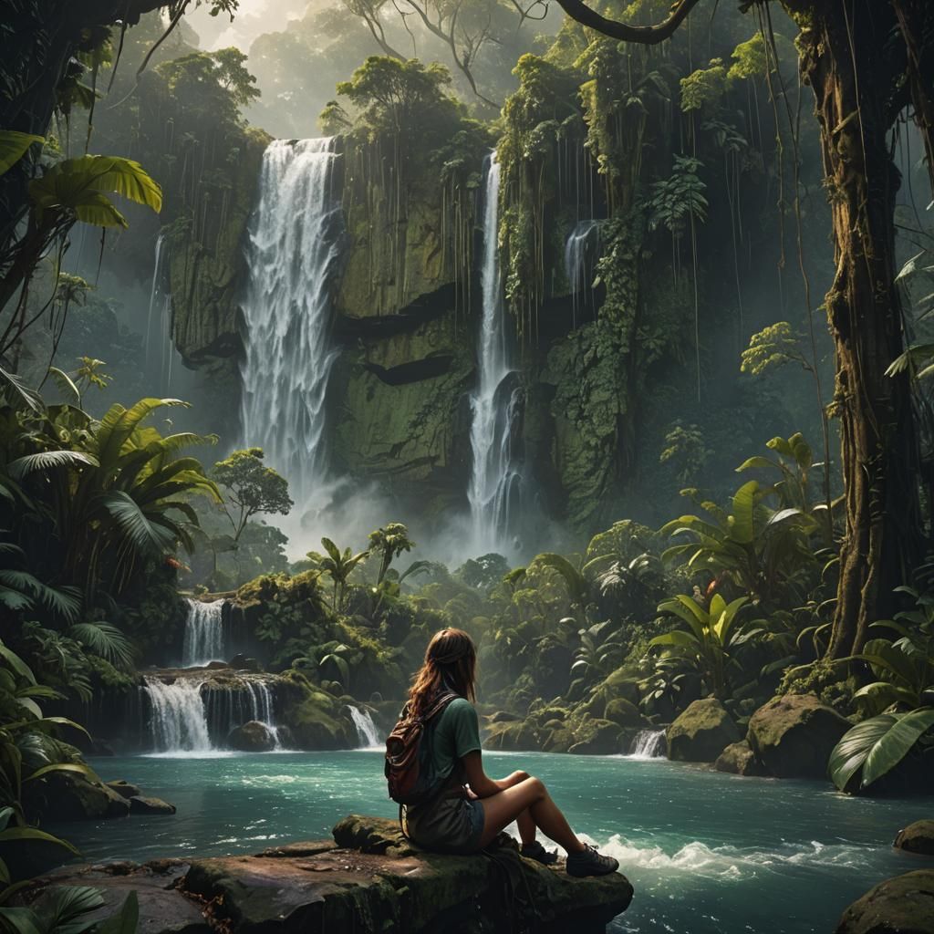 Girl at Jungle Waterfall: Digital Matte Painting