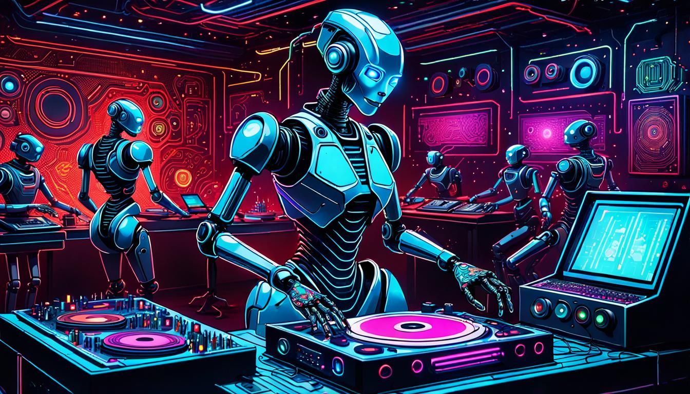 Neon Robot DJ in Cyberpunk Style