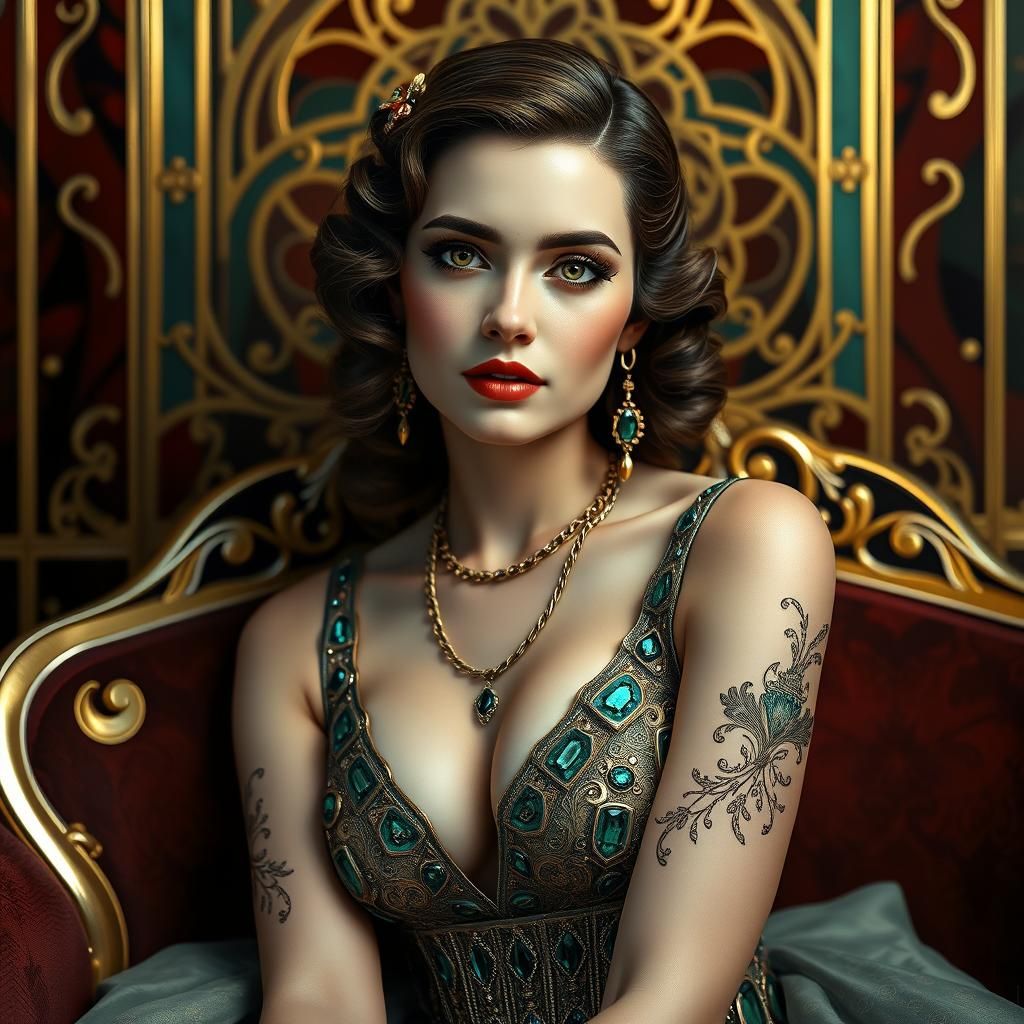 Art Deco Woman in Emerald and Ruby
