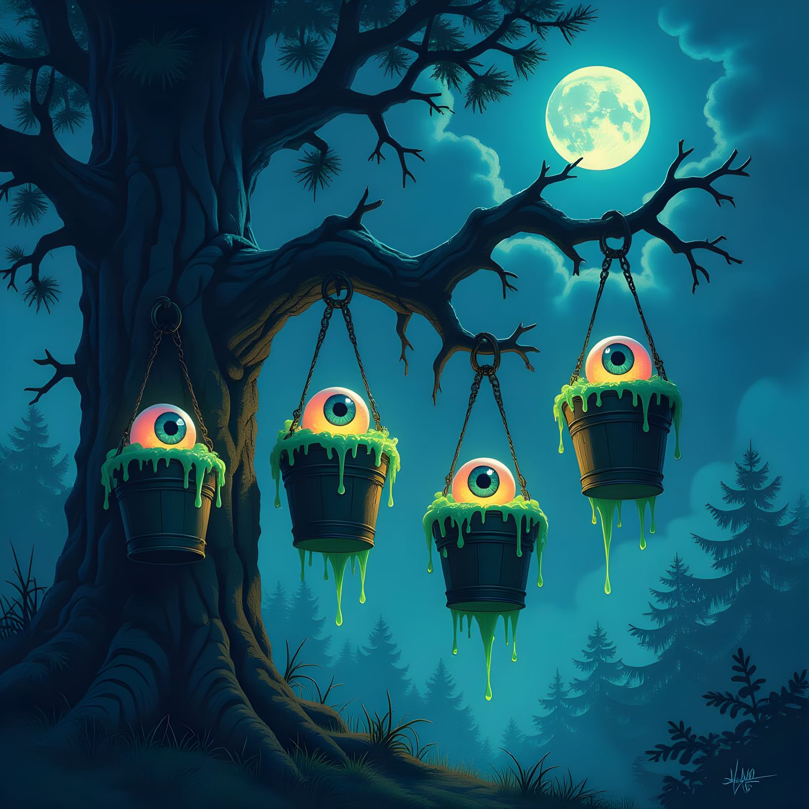 Eerie Eyeball Buckets on Gnarled Tree