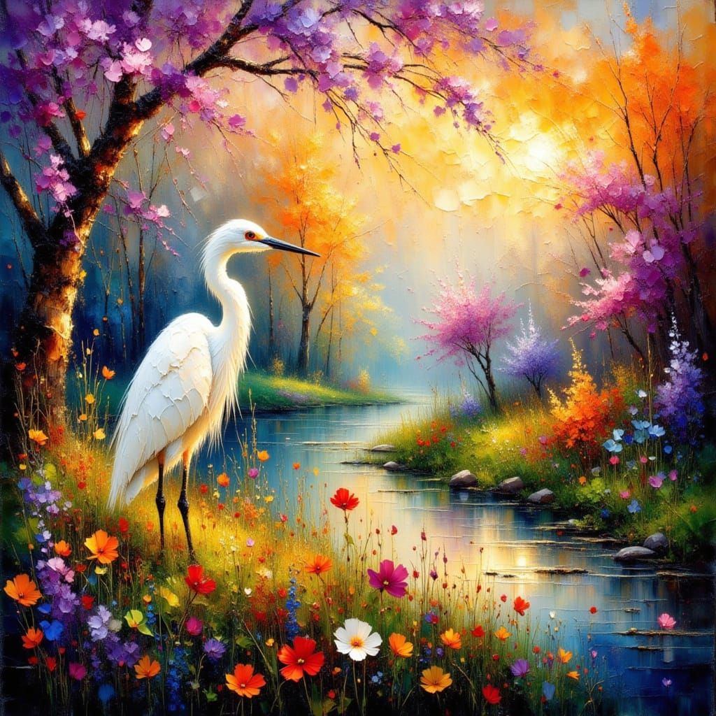 Egret in Fairy Spring Landscape as Mythic Realism