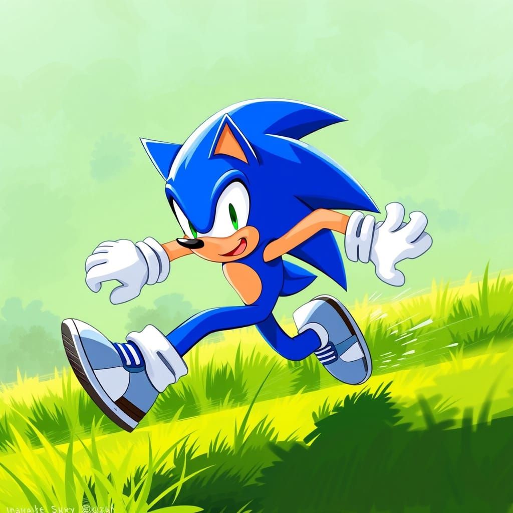 Sonic Runs Through Meadow in Digital Comic Style