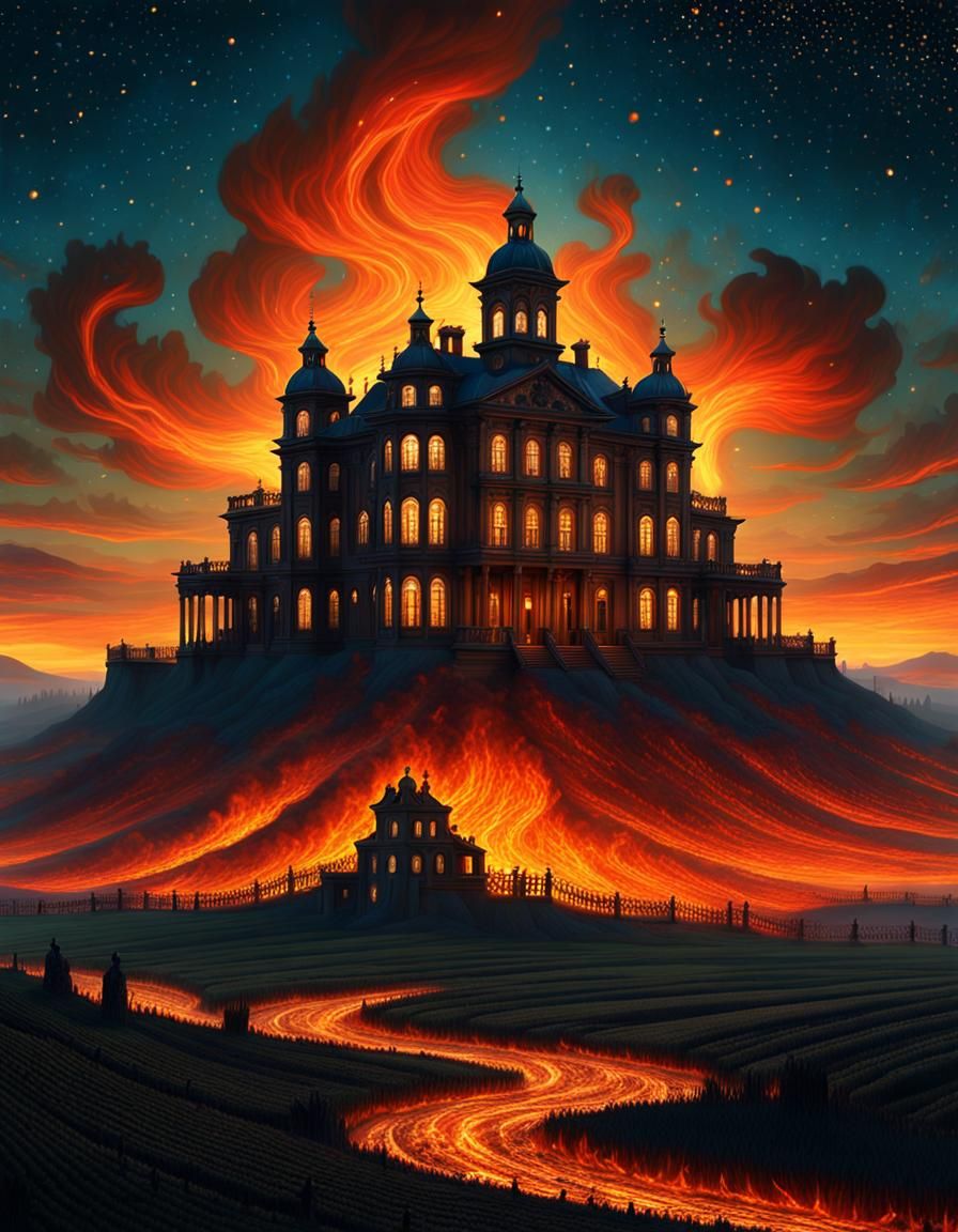 18th Century Mansion Ablaze Under Starry Night Sky in Baroqu...