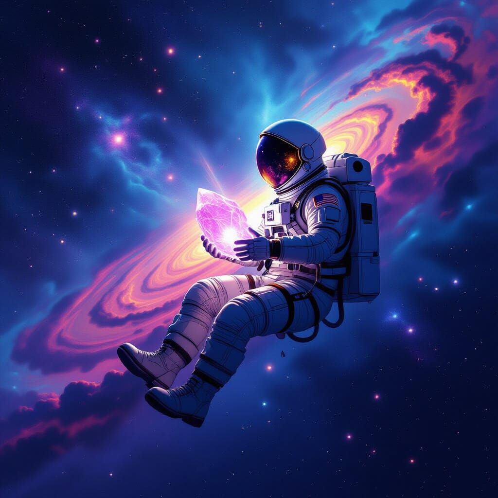 Astronaut Adrift in Cosmic Nebula with Glowing Artifact