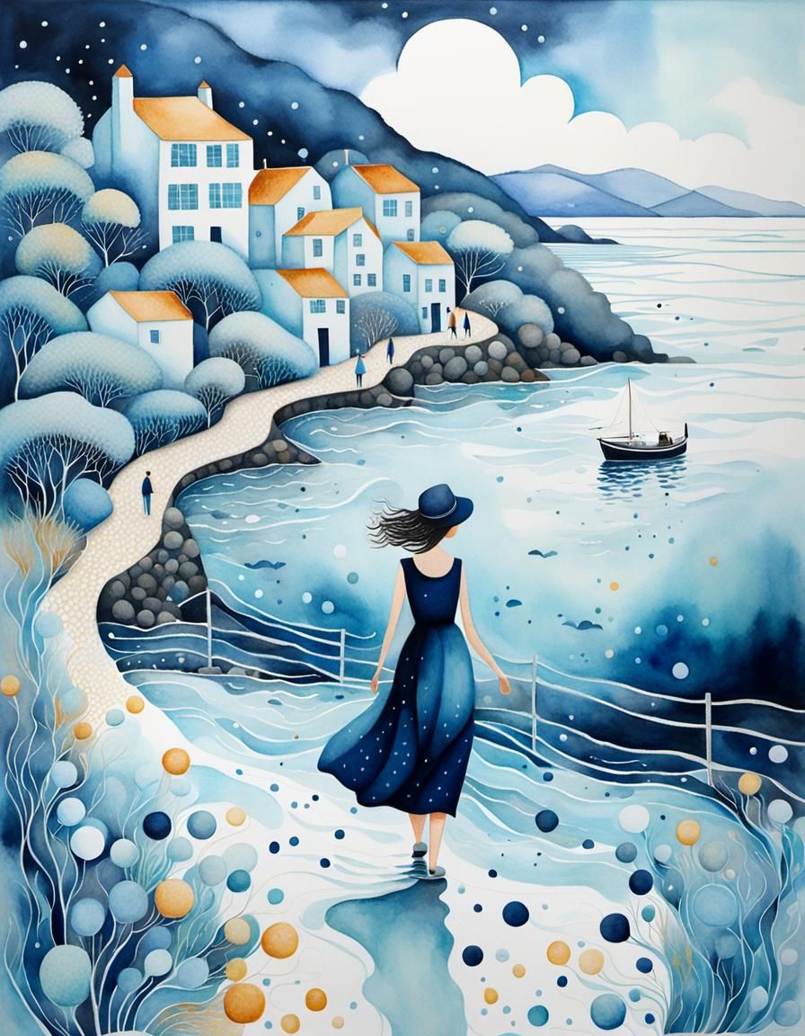 Seaside Stroll: Bubbly Watercolor Landscape