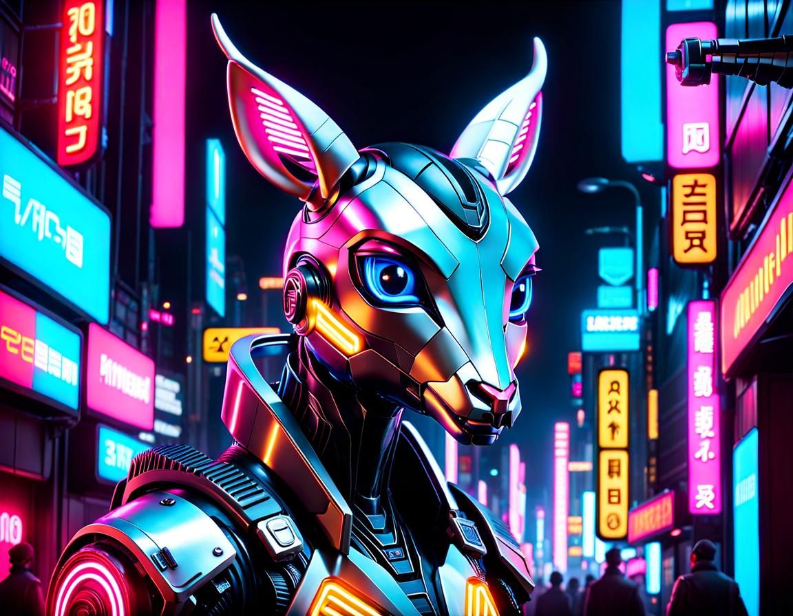Cyberpunk Antelope Cyborg in Neon Cityscape