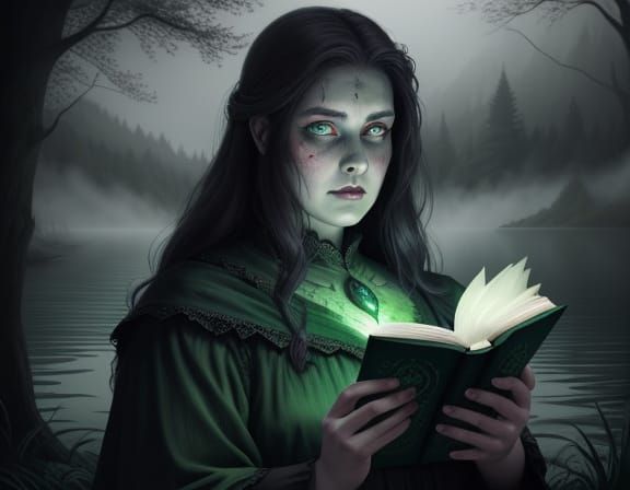 Zombie Mage Reading Book by Lake in Dark Fantasy Style