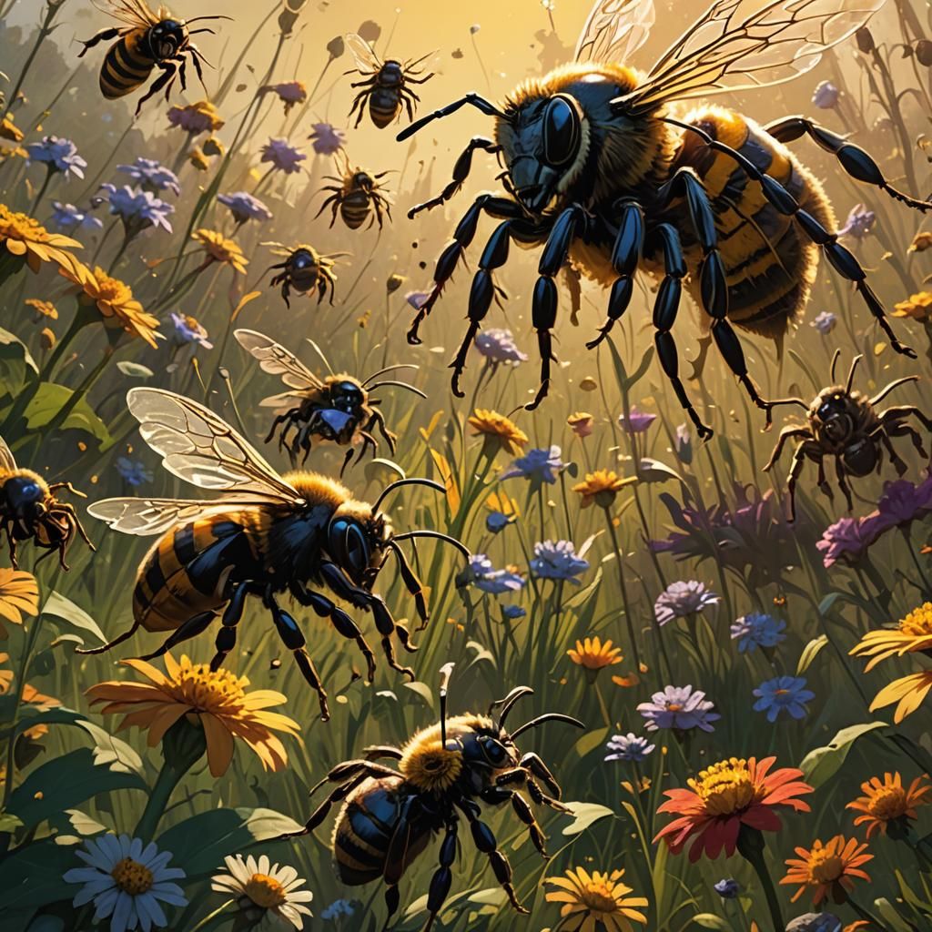 Bee and Spider Morphing into Humans, Frazetta Style