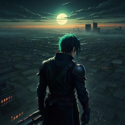 Anime Protagonist on Rooftops in Hyperrealistic Style